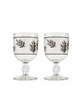 Vintage Libbey Frosted Silver Leaf Goblets Set of 2 Mid Century Wine Glasses Ele